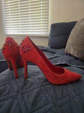 Michael Kors Orange/Red Suede Pointed Toe Stiletto Pumps with Gem Embellishments